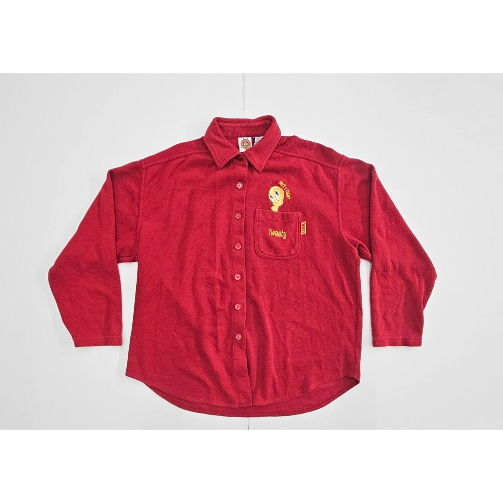 Vintage Y2K Tweety Bird Embroidered Red Shacket Button Up Overshirt Large